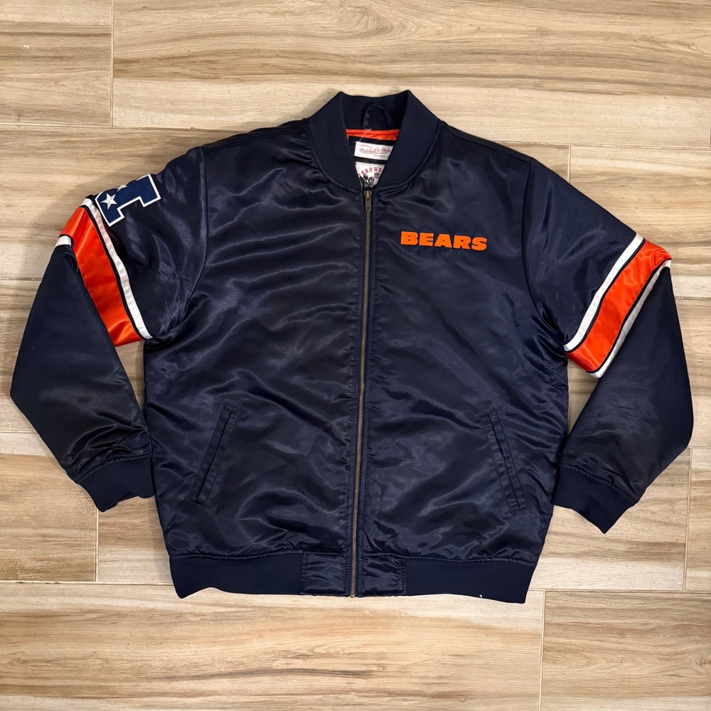 Mitchell‎ & Ness Chicago Bears Throwback Satin Bomber Jacket Navy Blue Mens XL